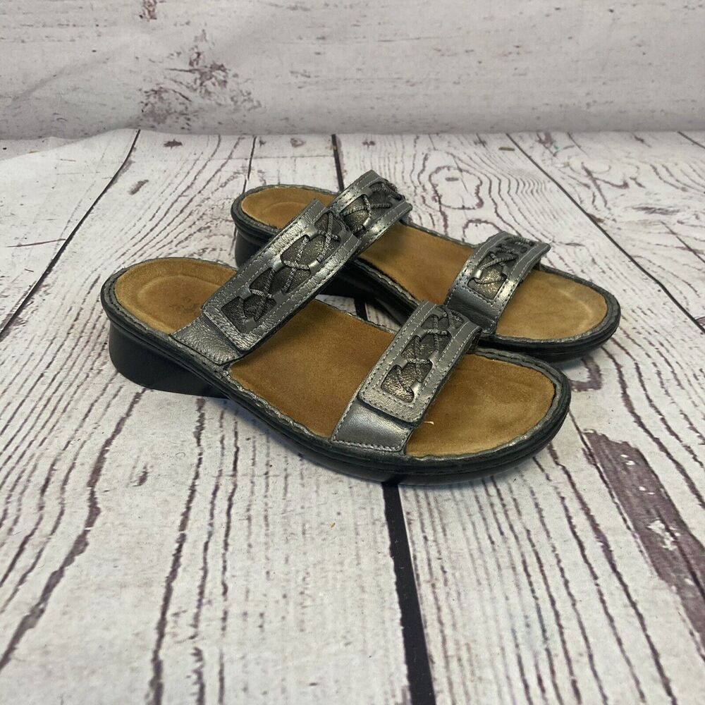 Naot Wedge Sandals Womens 6 Silver Straps Side Open Toe Comfort‎